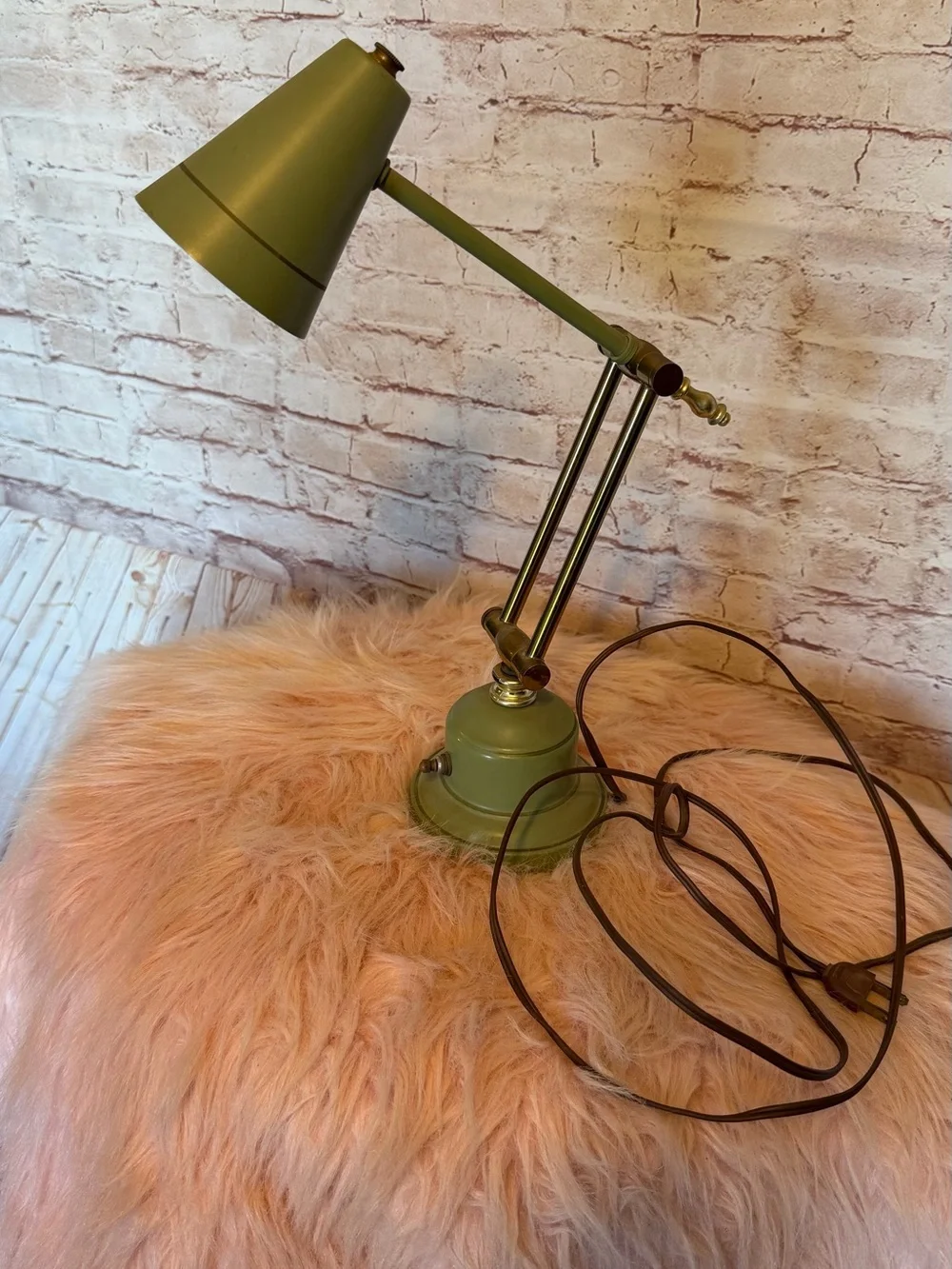 antique Adjustable MCM Green Metal & brass Desk Lamp